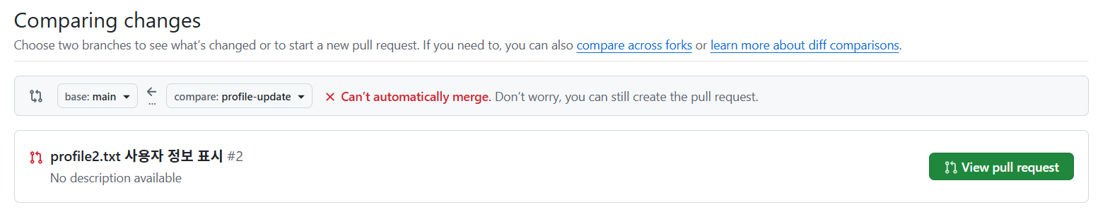 GitHub Compare changes - Can't automatically merge.