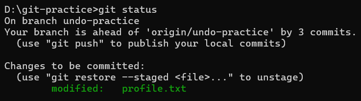 git reset --soft HEAD~1 실행 후 git status 결과