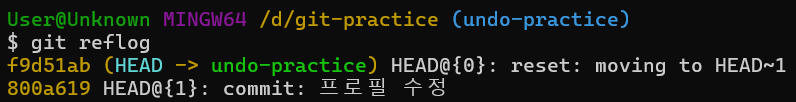 git reset --hard HEAD~1 후 git reflog 실행 결과